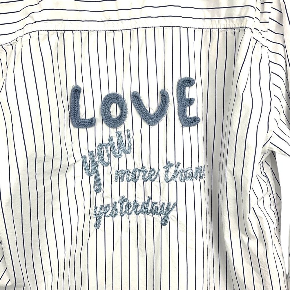 Anthropologie Maeve Button Down Shirt White Blue Striped I Love You Size Large L - Picture 5 of 10